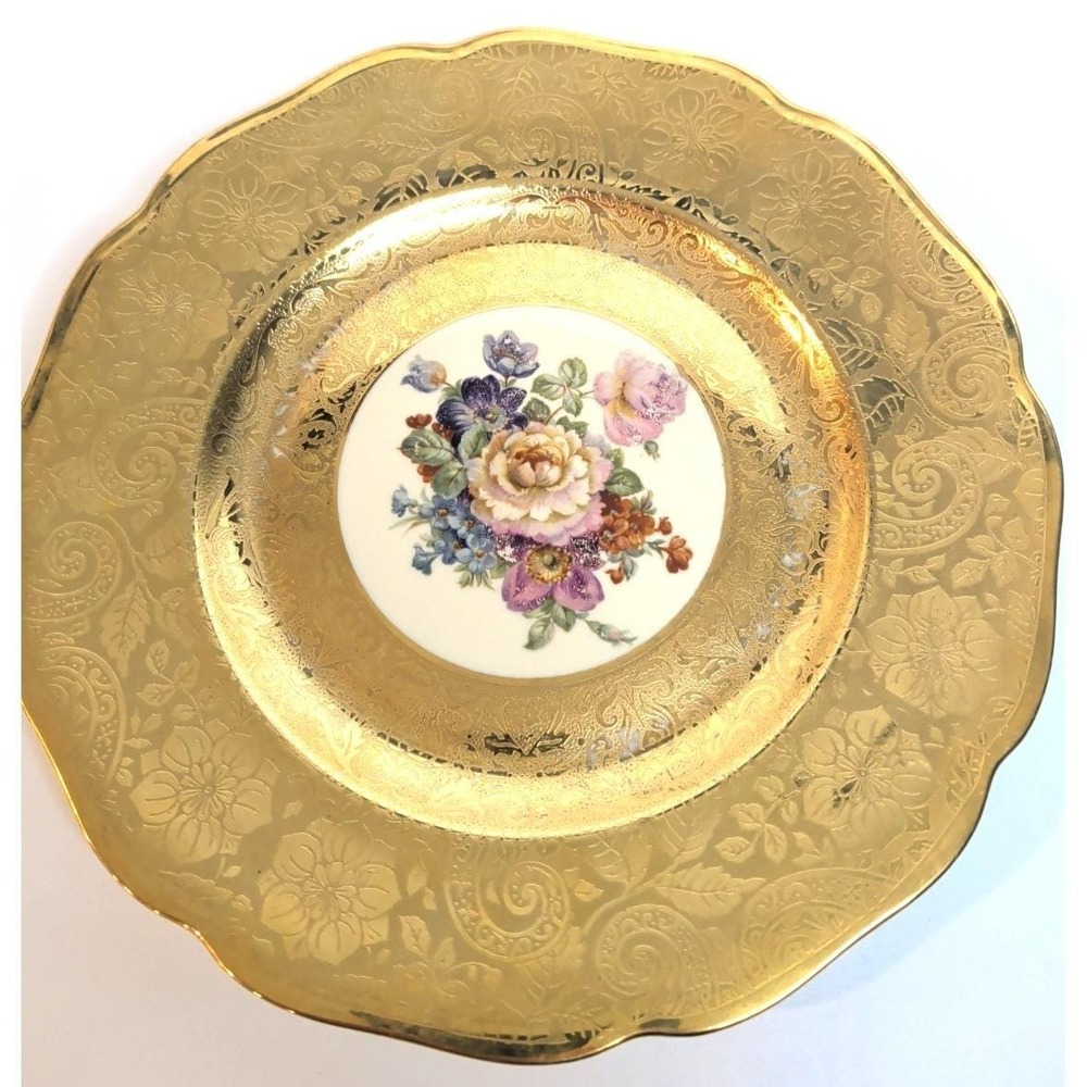 Schlaggenwald Czechoslovakia 22K‎ Gold Gilt Cabinet Plate Floral Center VTG